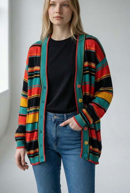 Carole Little for Saint-Tropez West Sweaters - Vintage Carole Little for Saint-Tropez West Striped Cotton Knit Cardigan Sweater